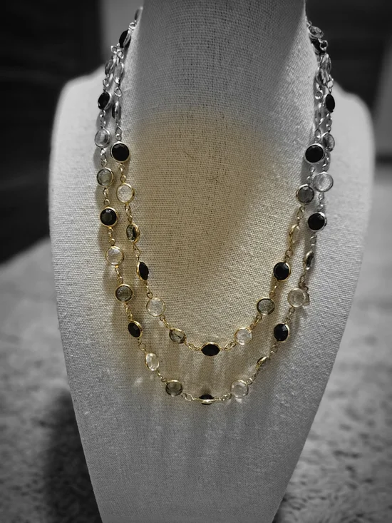 Swarovski Swan Signed Clear Black Bezel Crystals Gold Tone Necklace - Picture 4 of 6